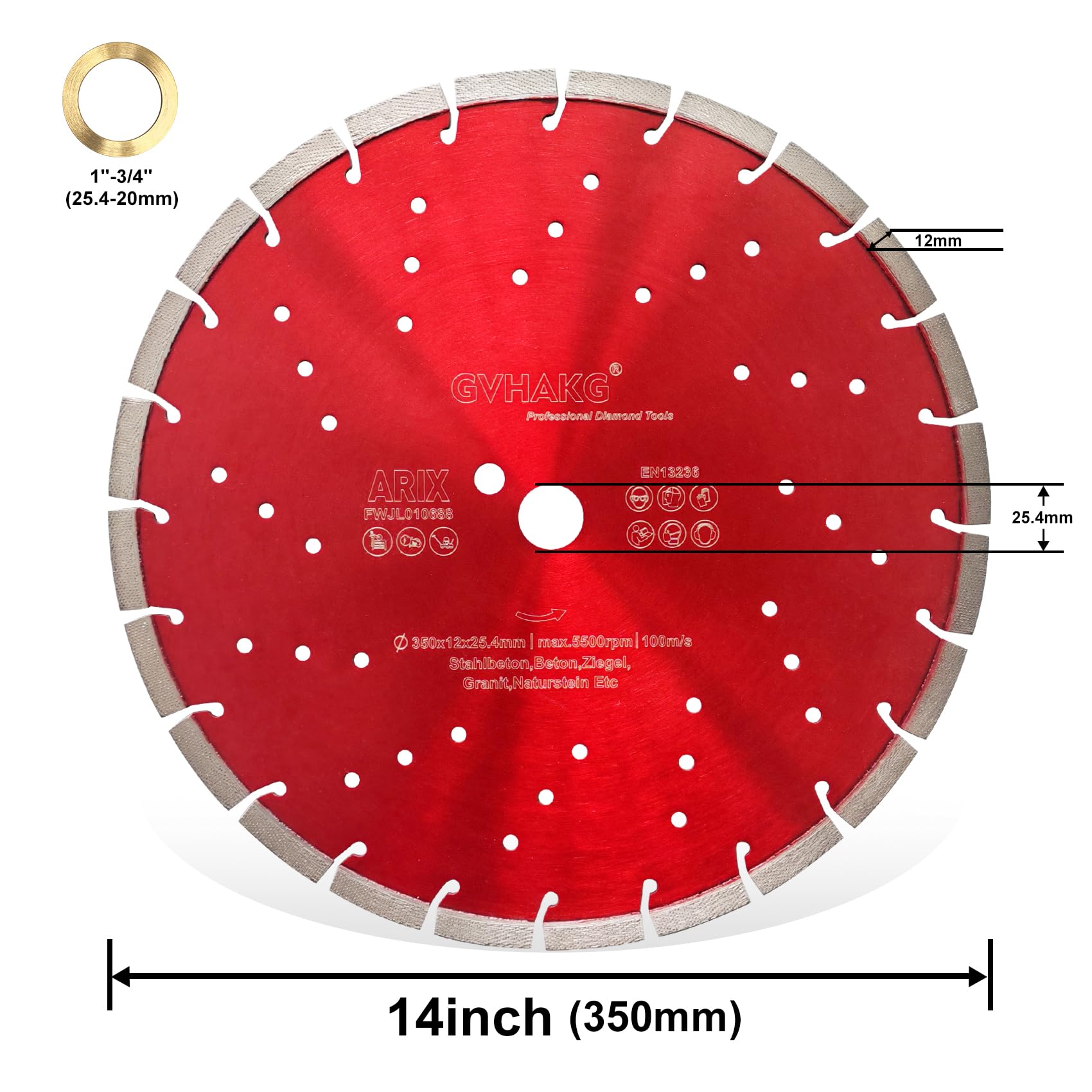 Disco de corte de diamante de 350 mm, segmentos de diamante de matriz para hormigón armado, piedra con segmentos soldados con láser de 12 mm (350 x 25,4 mm)