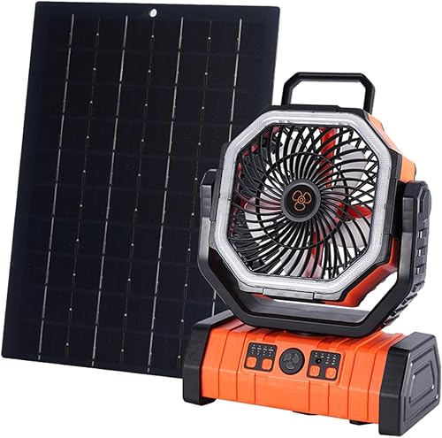 Ventilador solar de campamento de 20000 mAh con panel solar de 10 W, banco de energía solar recargable para exteriores, linterna LED, ventilador