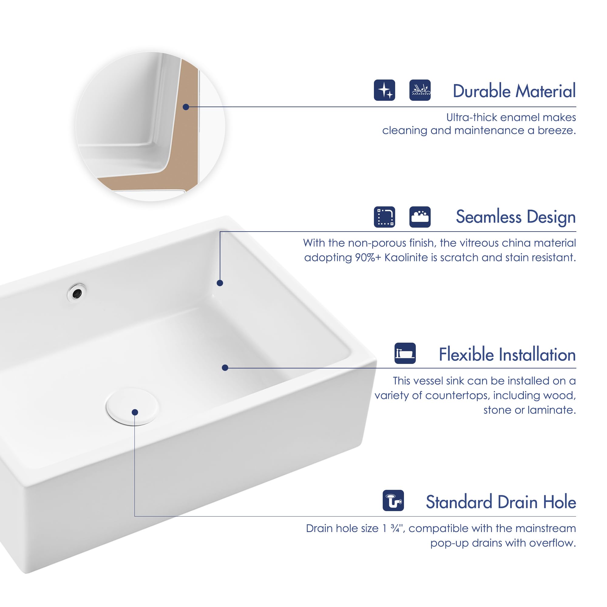 Eridanus Lavabo rettangolare in ceramica, 51 x 37 x 15 cm, lavabo da appoggio per vasca da bagno, moderno lavabo bianco, lavabo da tavolo, lavabo con foro per rubinetto, lavabo a mano