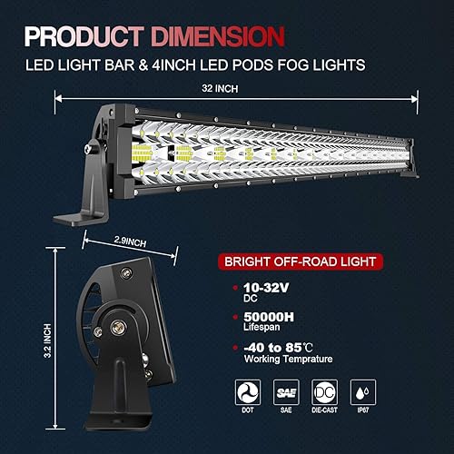 Miniatura 2 de DakRide Barra de luz LED de 32 pulgadas, 585 W, triple fila, 58500 lm, barra de haz combinado de haz de luz LED de 4 pulgadas, 60 W, con cableado de