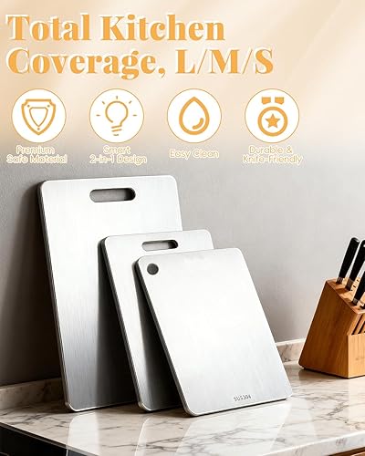 Miniatura 4 de Juego de 3 tablas de cortar de acero inoxidable para cocina, juego de tablas de cortar antiadherentes de acero inoxidable 304, aptas para