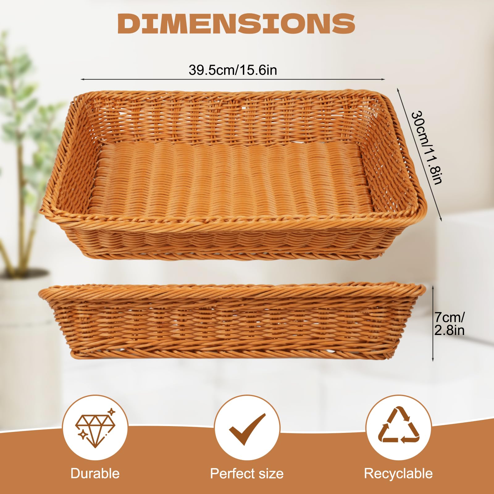 Confezione da 6 cestini per il pane in vimini sintetico, 40 x 30 cm, rettangolari, per frutta, cibo, cibo, cibo, per pane, verdure, frutta, snack, da tavolo, ristorante, casa all'aperto