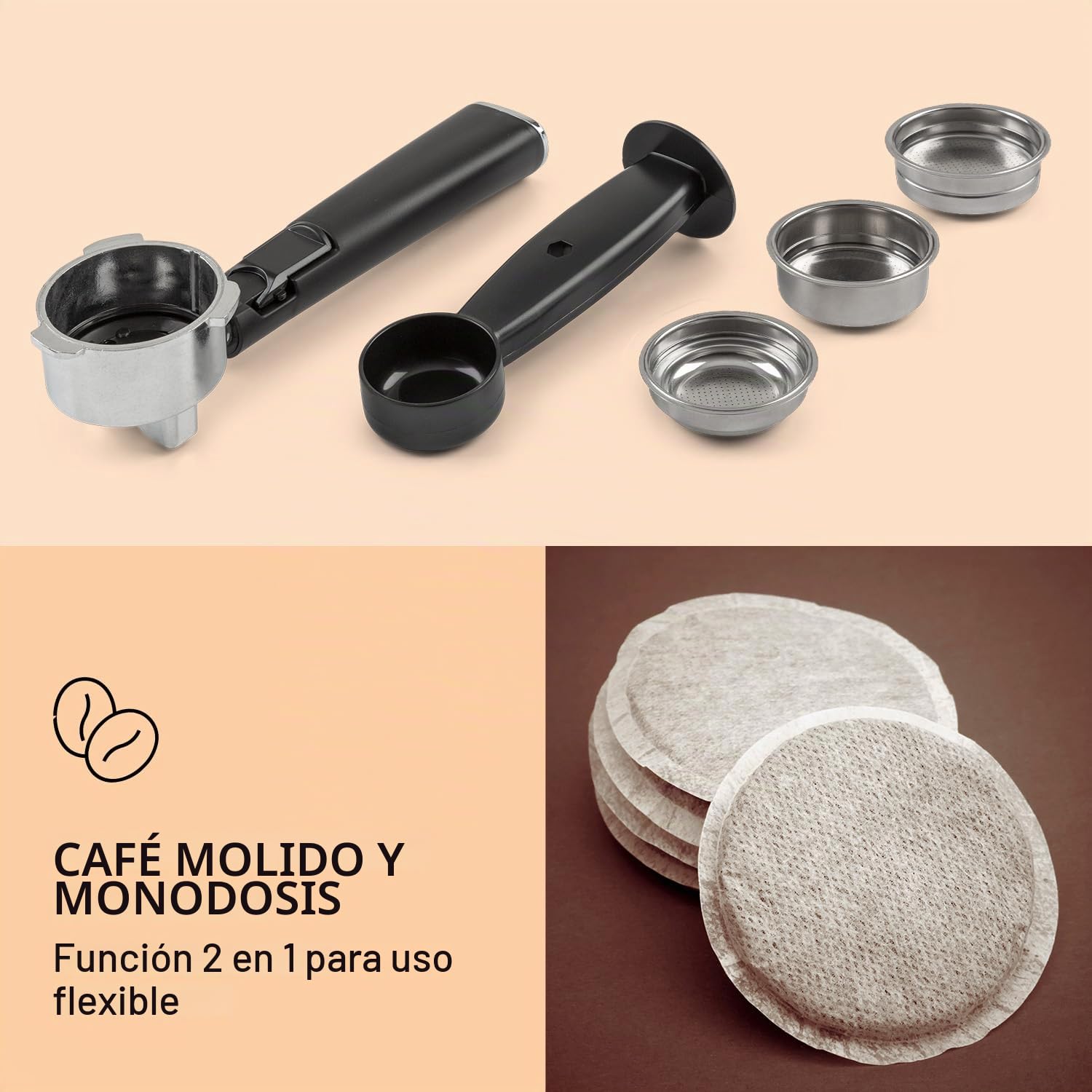 KLARSTEIN Gusto Classico - Cafetera de espresso, Potencia 1350 W, Presión bomba 20 bar, Depósito agua 1,5 L, Boquilla de espumado de leche, Barómetro, Filtro de aluminio para cápsulas de café, Negro