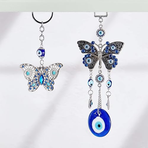 Miniatura 5 de GORGECRAFT 2 estilos de 2 piezas de adorno colgante de ojo turco para colgar en el auto, dije de mariposa azul para el mal de ojo, accesorios