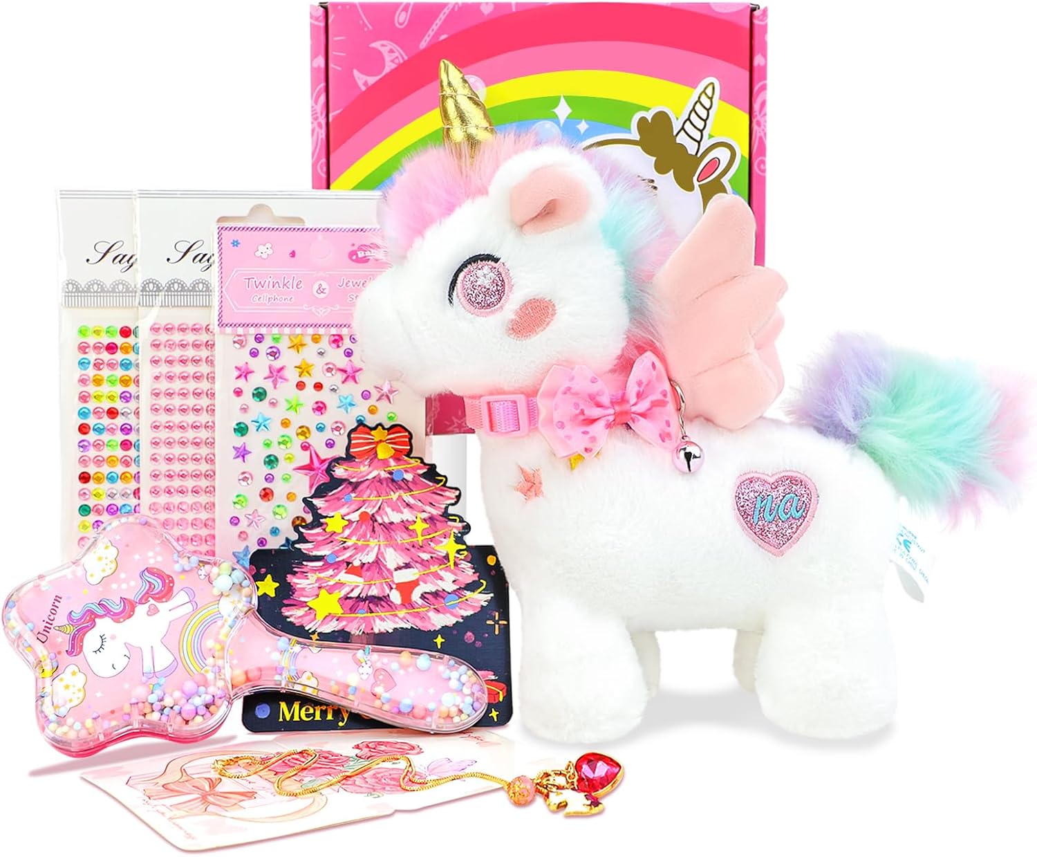 Unicorn Gift Set for Little Girls Age3-5 6-8,Dress Up Birthday Toys Gifts Set with Plush Toy,Necklace,Comb,DIY Stickers.for Christmas,Easter Gifts (Cute)