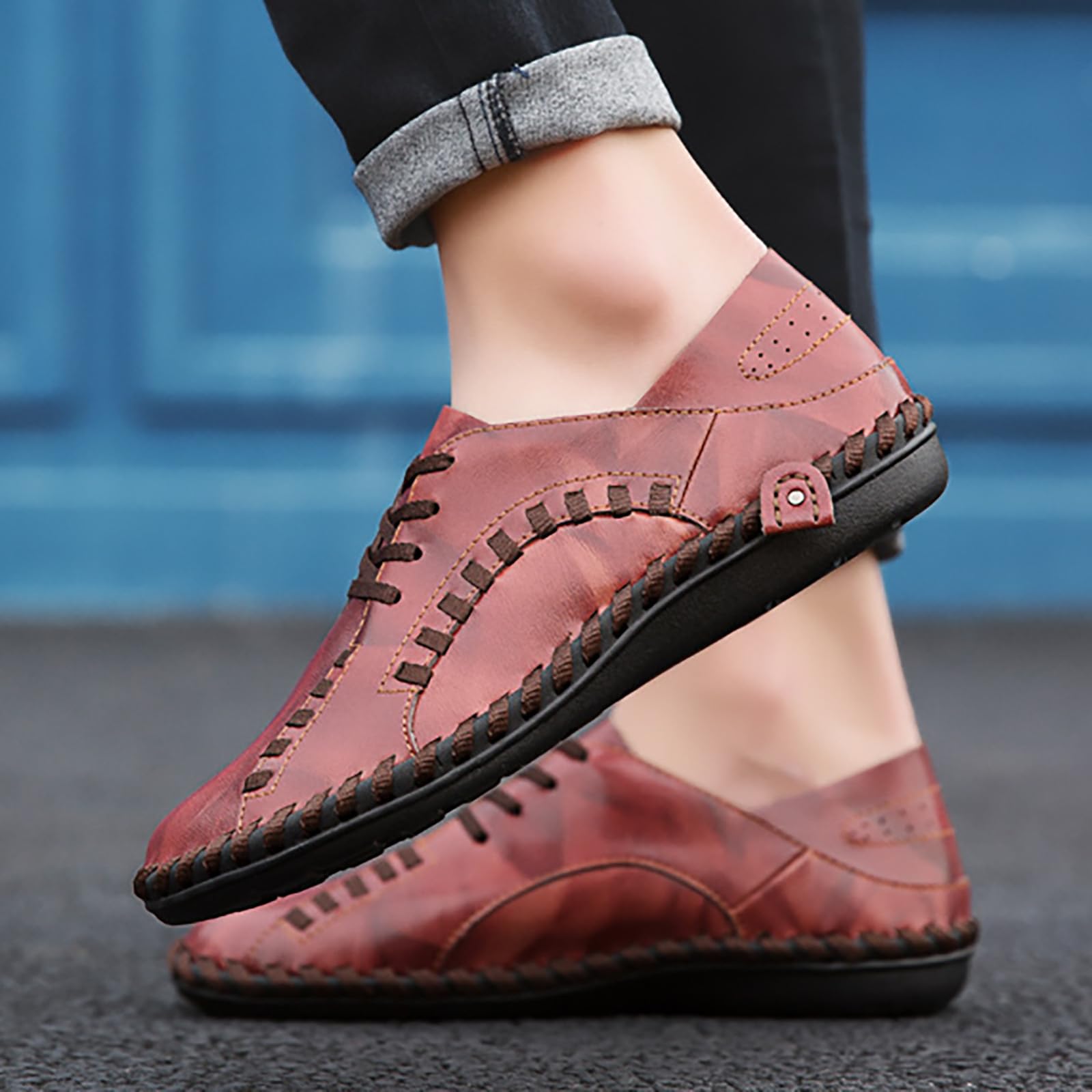 Zapatos de senderismo hechos a mano para hombre, zapatos casuales con cordones, transpirables, cómodos, zapatos de cuero para caminar al aire libre, zapatos de conducción informales, zapatillas de