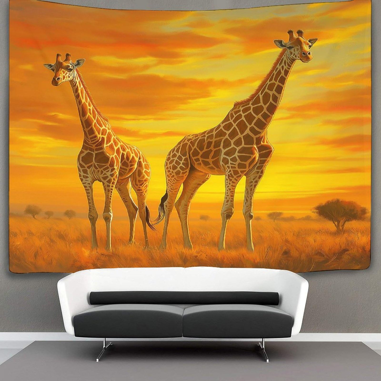 kaiyun 150cmx200cm Tapestry Two Giraffes on The Savannah Tapestries Sunset Scenery 3D Printing Wall Hanging Home Decorations