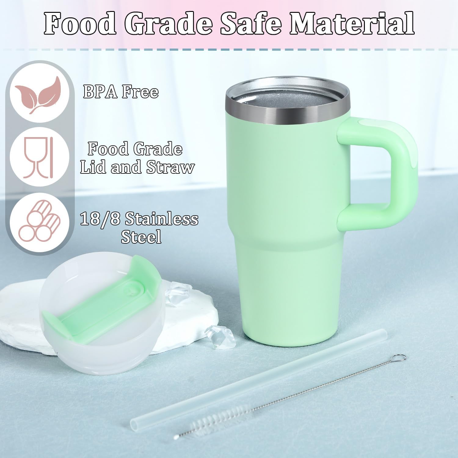 14 Oz Tumbler with Handle and Straw for Kids, Stainless Steel Vacuum Insulated Tumbler Keep Cold Heat and Ice, Gifts for Children Cups (Light Green) - Image 3