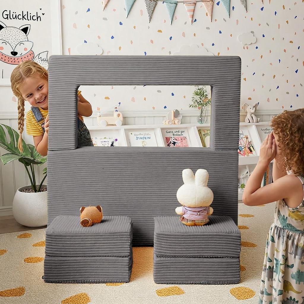 MeMoreCool Kindersofa aus Cord, Ausklappbares Schaumstoff Sofa, Modulare Mini Couch für Kinderzimmer & Schlafzimmermöbel, Hellgrau