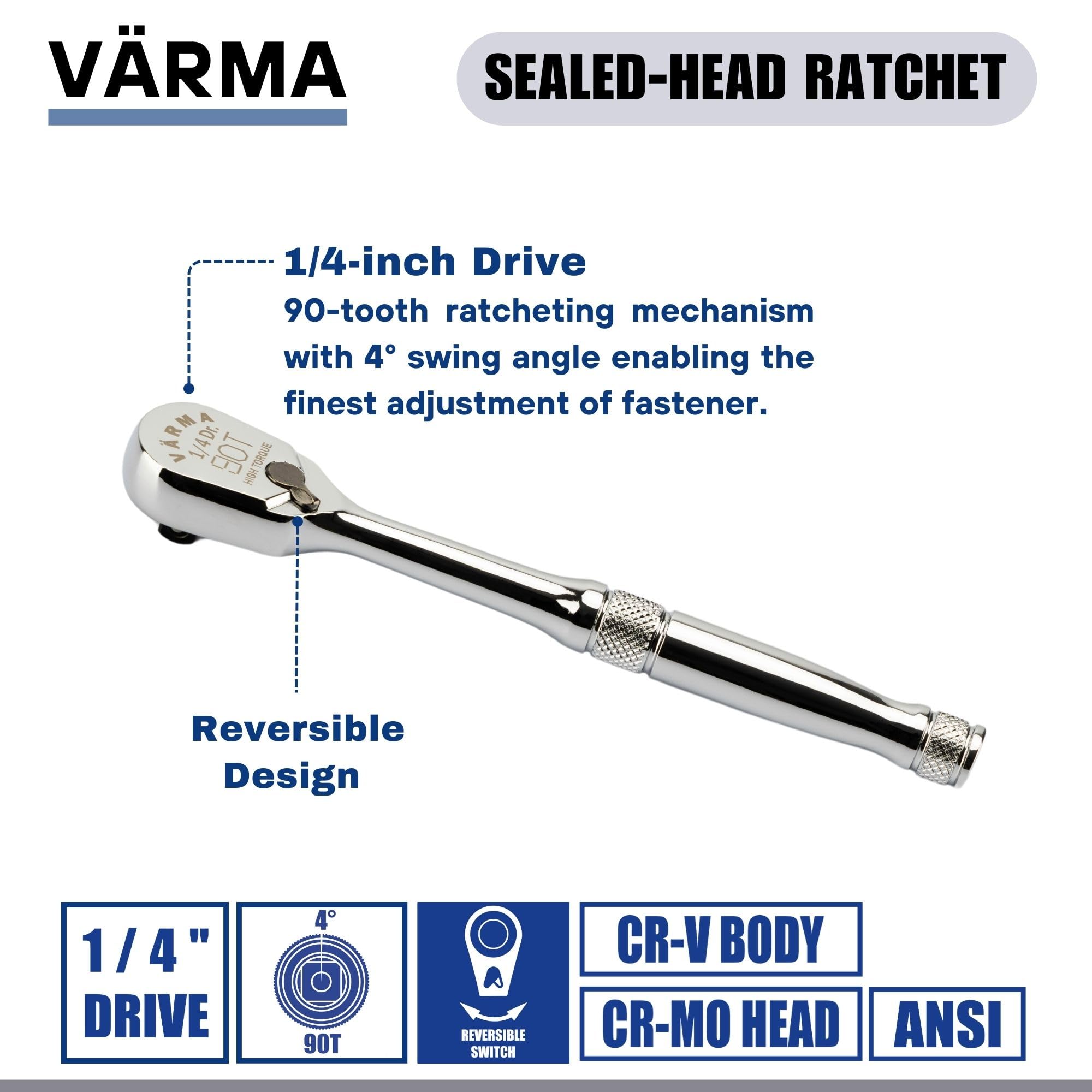 VÄRMA 1/4-inch Drive 90-Tooth Sealed Head Ratchet | Reversible Compact Wrench with High-Torque Single Pawl Design | Anti-Dust, 4° Swing Arc, Knurled Grip, Heavy-Duty CR-V Steel for Maximum Durability