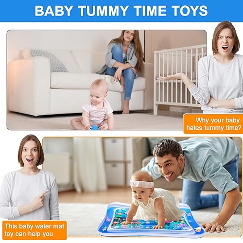 Miniatura 5 de Tapete de agua para bebé, 27.6 x 19.7 pulgadas, tapete de agua inflable con 6 animales marinos, tapete de juego de agua sensorial seguro para bebés