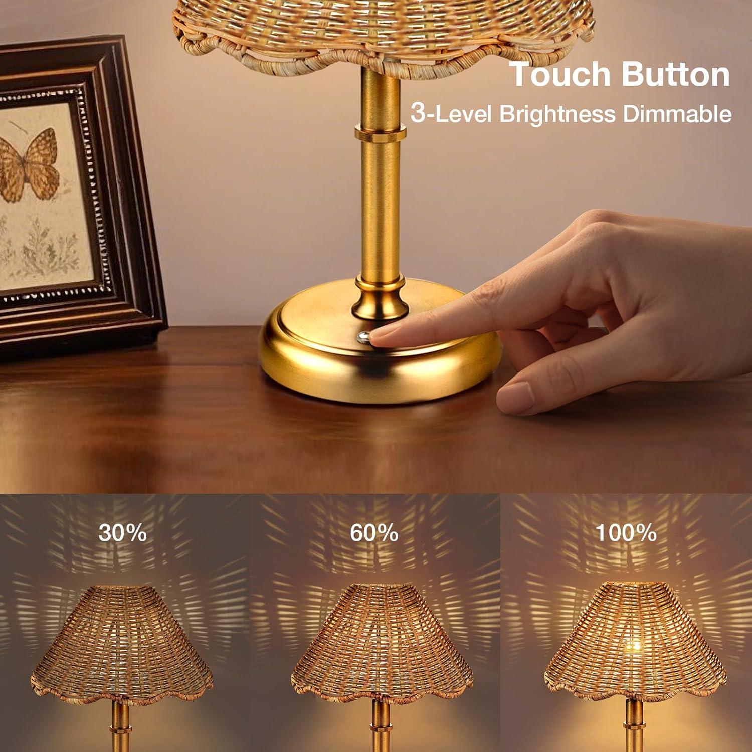 Mini Cordless Boho Rattan Table lamp, 5200-mAh Rechargeable Battery, 3-Level Brightness Dimmable, Build-in Integrated LED 320 Lumen Max, Rattan Shade, for Bedside Restaurant Dining Table