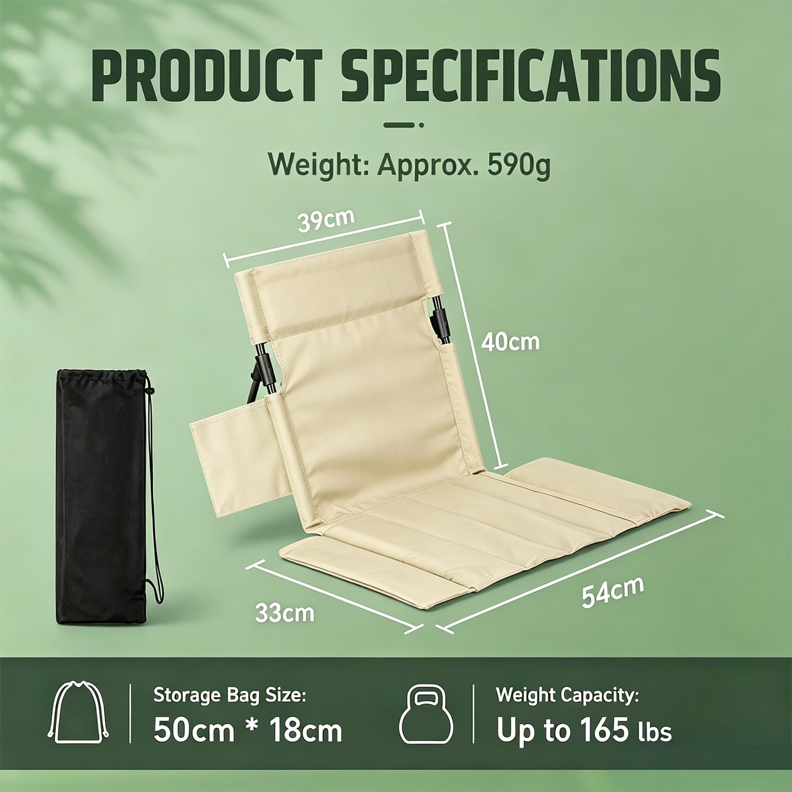 Sedia a sdraio pieghevole leggera con schienale 54x35cm, sedia a sdraio pieghevole per viaggi e campeggio, sedile da terra regolabile in altezza con tasca, per spiaggia, lago, giardino, robusta