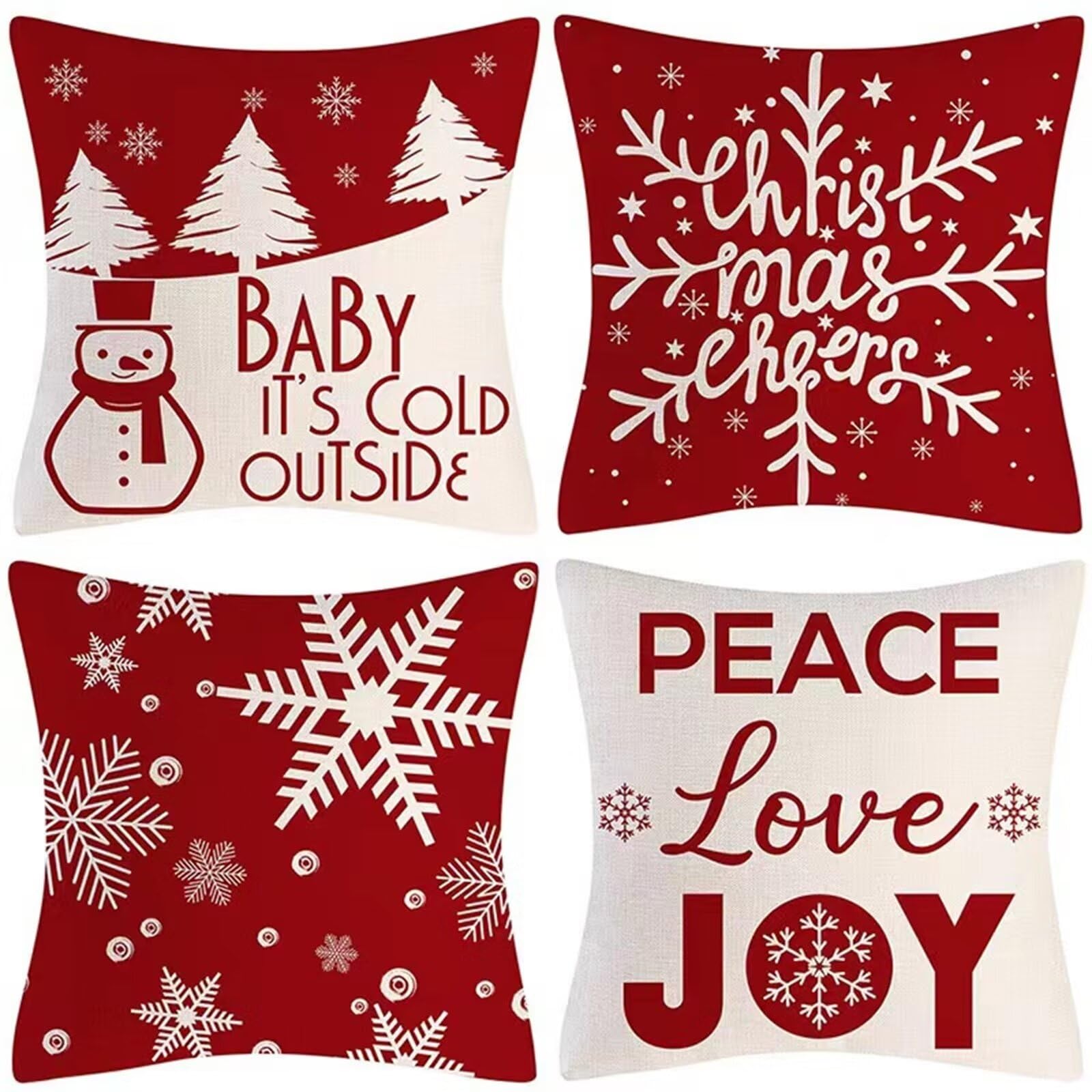 Housse de coussin Noël 50x50 lot de 4 en lin rouge et blanc
