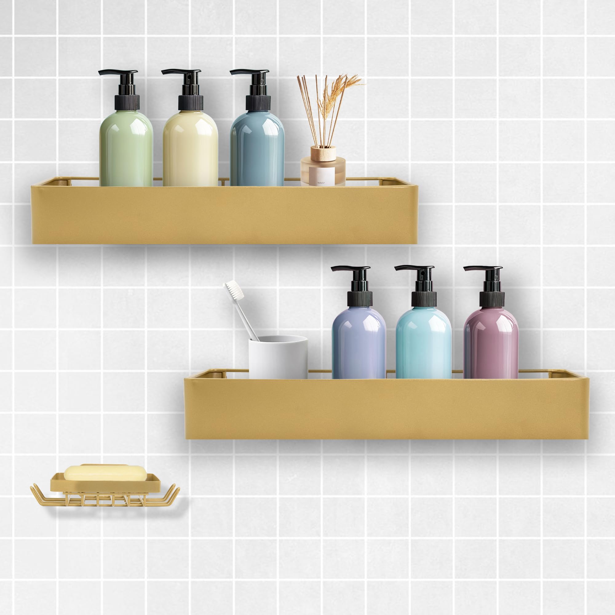 Shuntong Premium Shower Caddy 3 Pack Gold Rustproof Scratchproof Quick Drainage Adhesive Shower Storage Rack