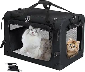 Extra Large Cat Carrier for Car Travel, Pegic Soft Sided Collapsible Pet Carrier for Outdoor and Indoor Uses, Roomy Cat Carrier for 2 Kittens, Large Cat or Puppies Up to 50lbs (Black)