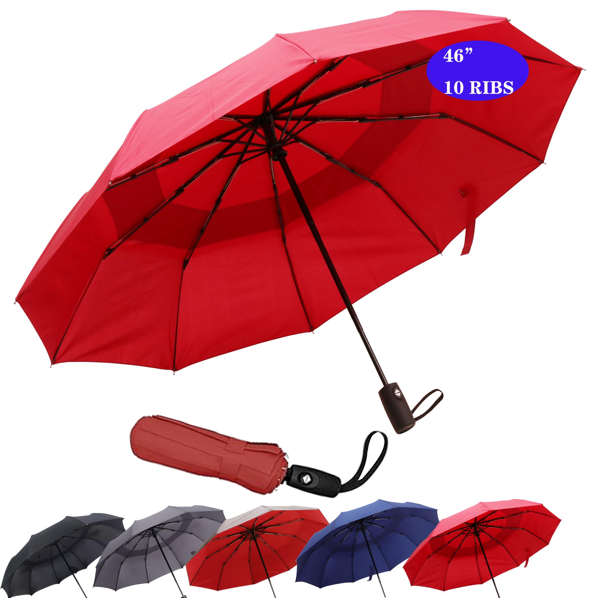 The Upgrade 46'' Coverage Beautiful Travel Umbrella - 10 Ribs Superior Automatic Folding Umbrellas for Rain Windproof, Strongest & Durable Compact Umbrella for Wind and Rain, Perfect Car Umbrella,