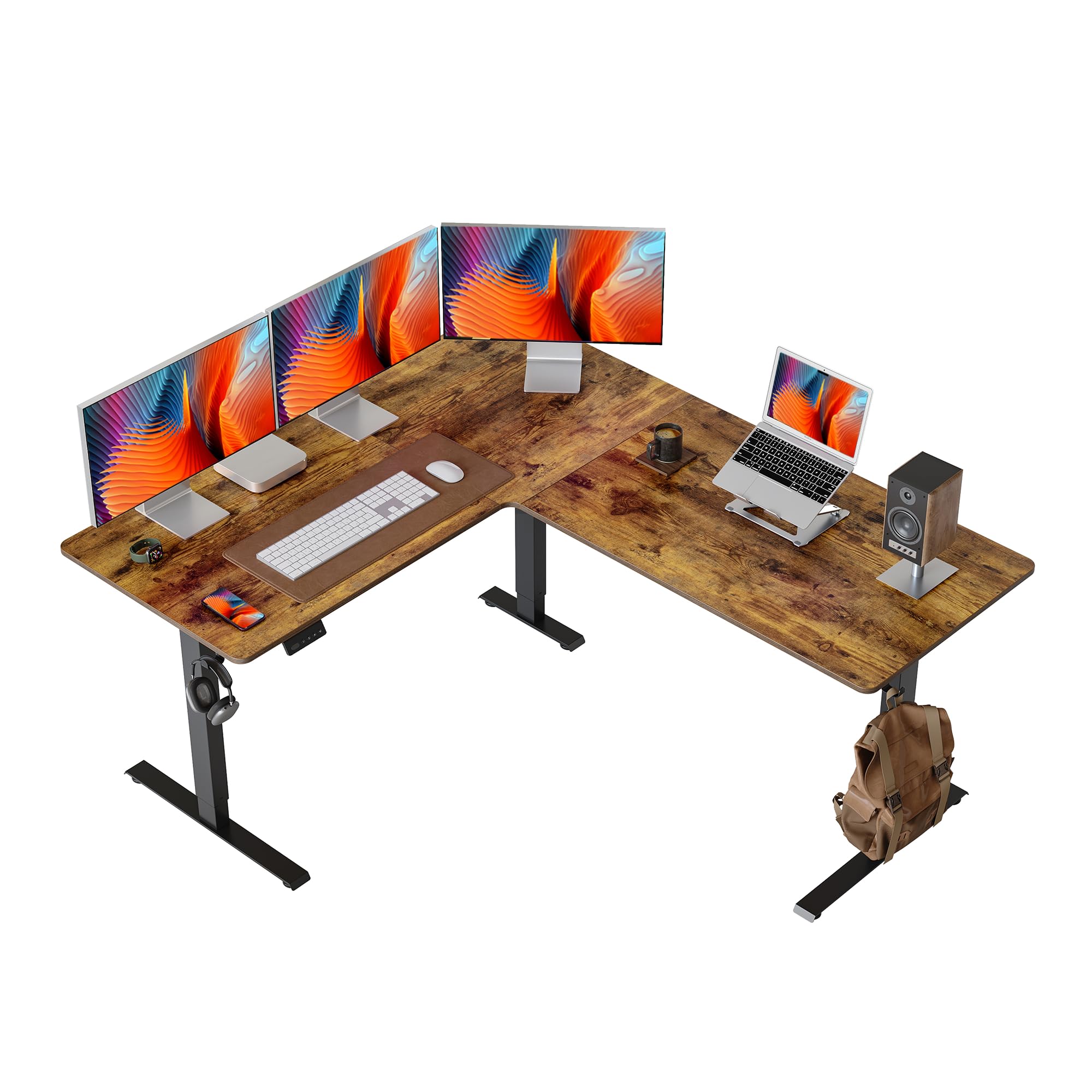 FEZIBO 63" L-Shaped Standing Desk - Adjustable Corner Desk L Shape, L-Shaped Adjustable Desk with Splice Board, L Shape Standing Desk, Vintage-Brown