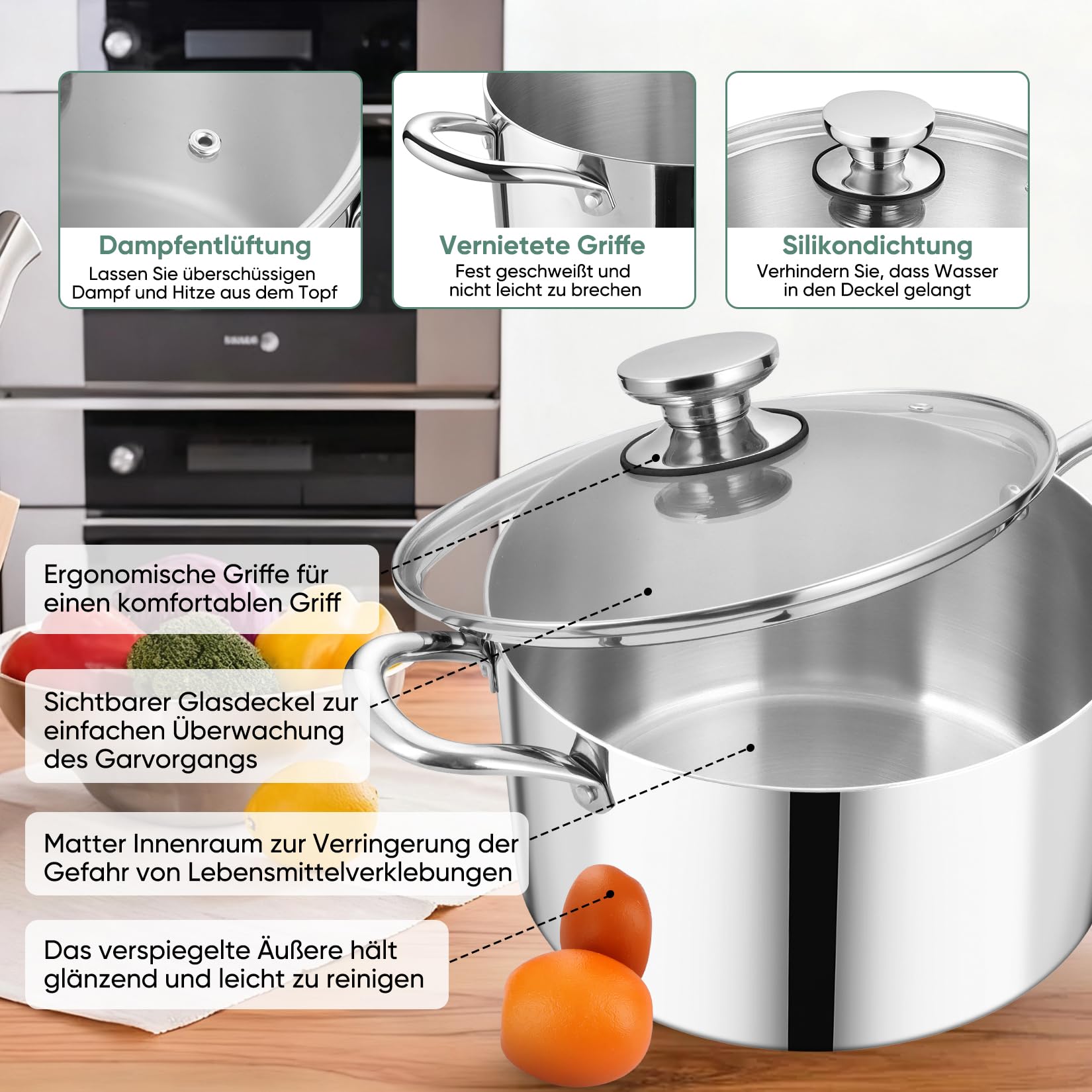 Onader 3-warstwowy garnek ze stali nierdzewnej ze szklaną pokrywką (1, 7,5 l)