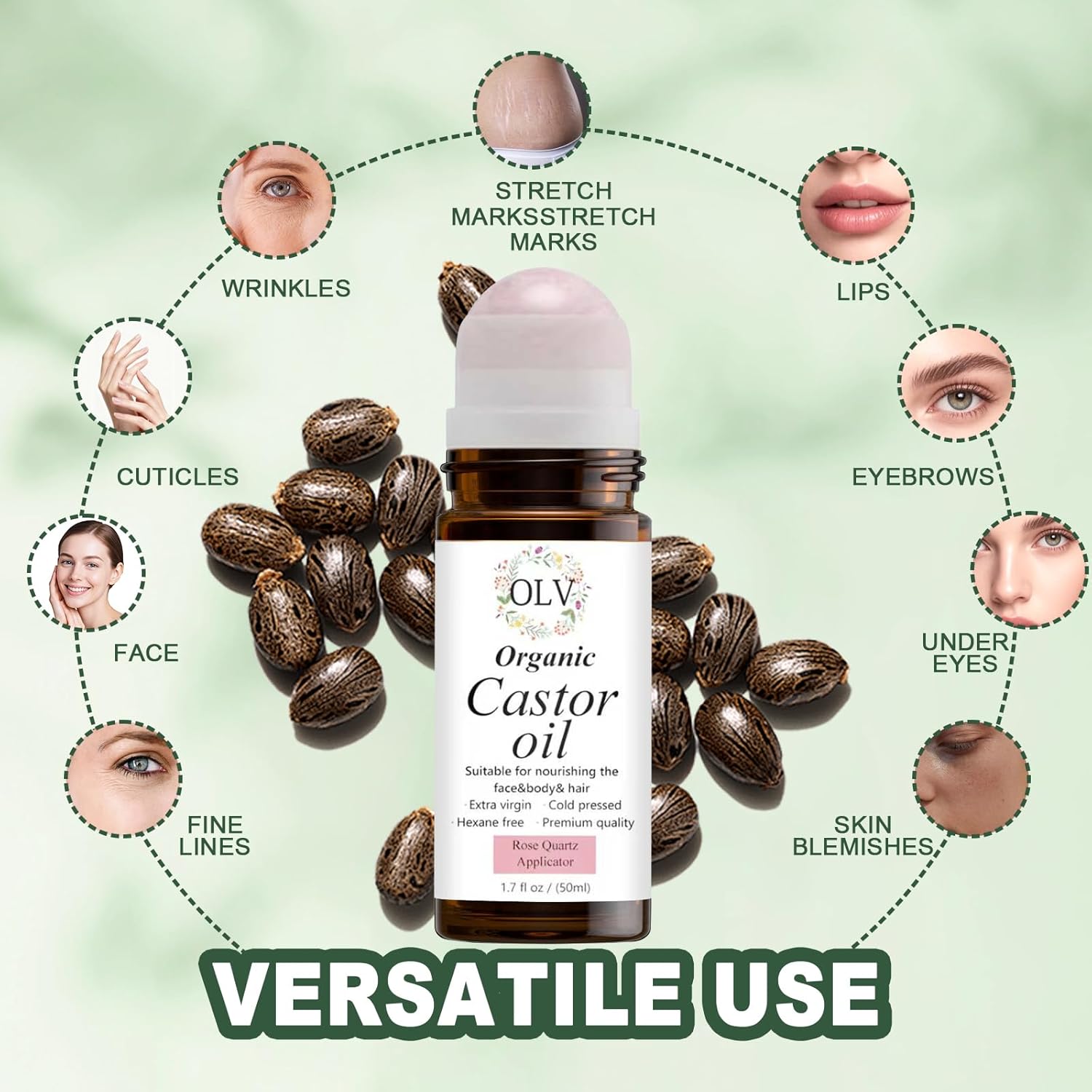 Organic Castor Oil with Rose Quartz Roller, 100% Pure Cold-Pressed Hexane-Free Unrefined, Reduces Fine Lines & Deeply Hydrates for Hair Growth, Eyelashes, Eyebrows & Firms Skin (50ML/1.7oz)