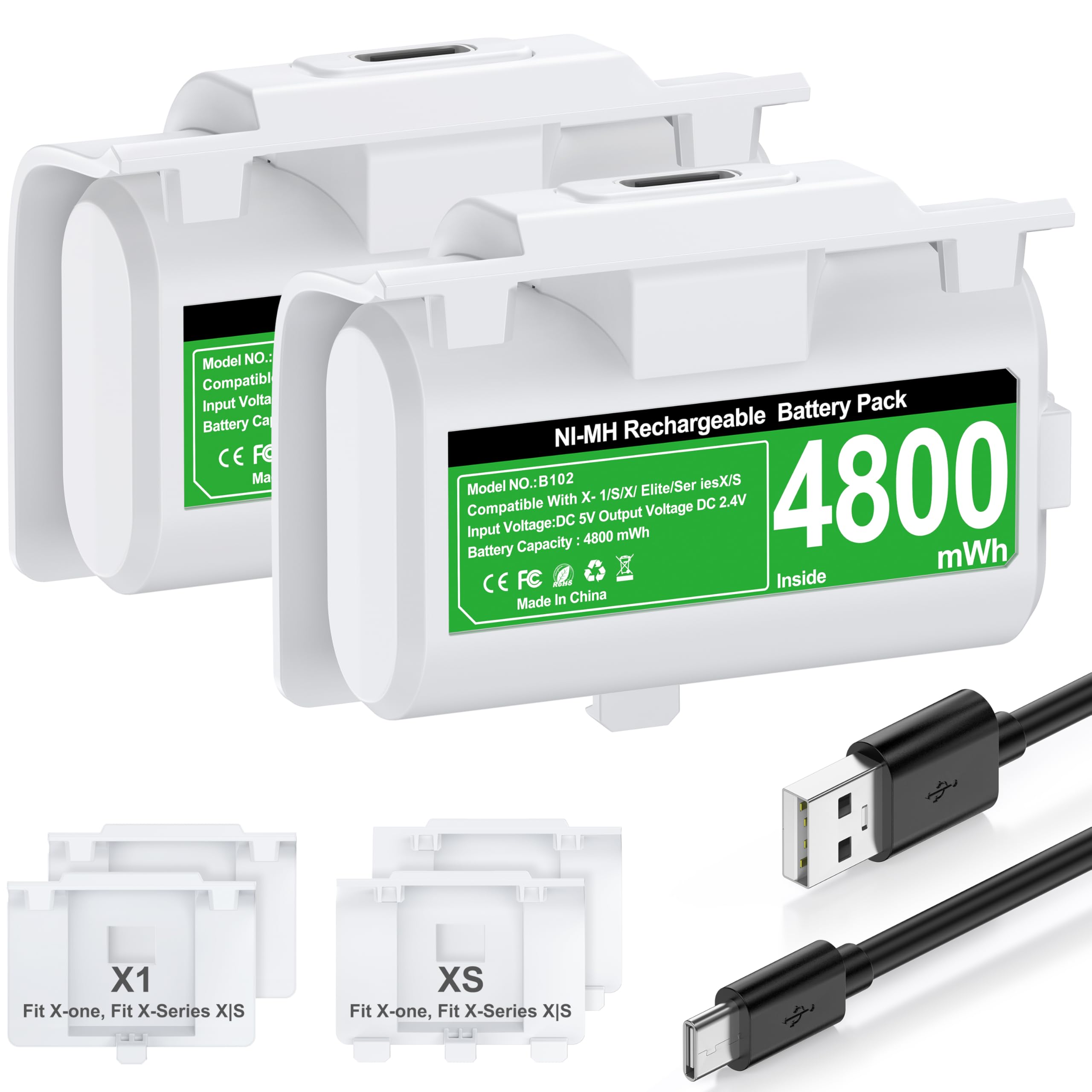 HEYLICOOL Batterie ricaricabili per controller Xbox One/Xbox Series X|S, 2 x 4800 mWh, kit di gioco e ricarica per Xbox Series X/S, Xbox One/Elite, Xbox One S/X con indicatore LED