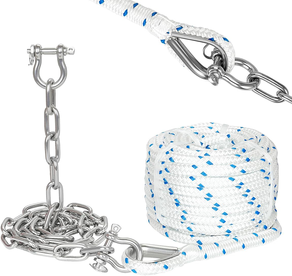 5/8" Boat Anchor Rope 50 FT with 316 Stainless Steel Anchor Chain 5/16" x 4 FT, 5/16" Anti-Off Shackles and 5/8" Thimble, Anchor Rode for Mooring, Boats Pontoon, Deck, Fishing, Sail