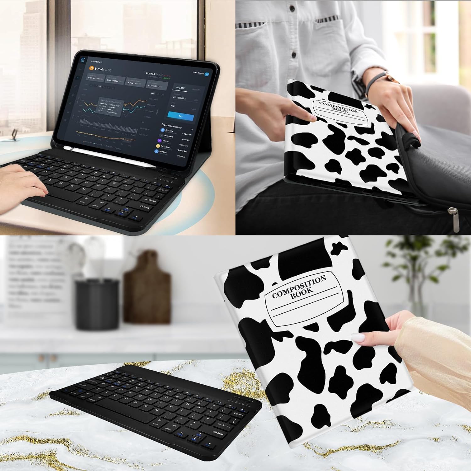 for iPad Pro 11" 4th/3rd/2nd/1st Gen (2022/2021/2020/2018) Bluetooth Keyboard Case with Screen Protector 2 Pack 9H Hardness Tempered Glass, Detachable, with Pencil Holde-Notebook Cow Black