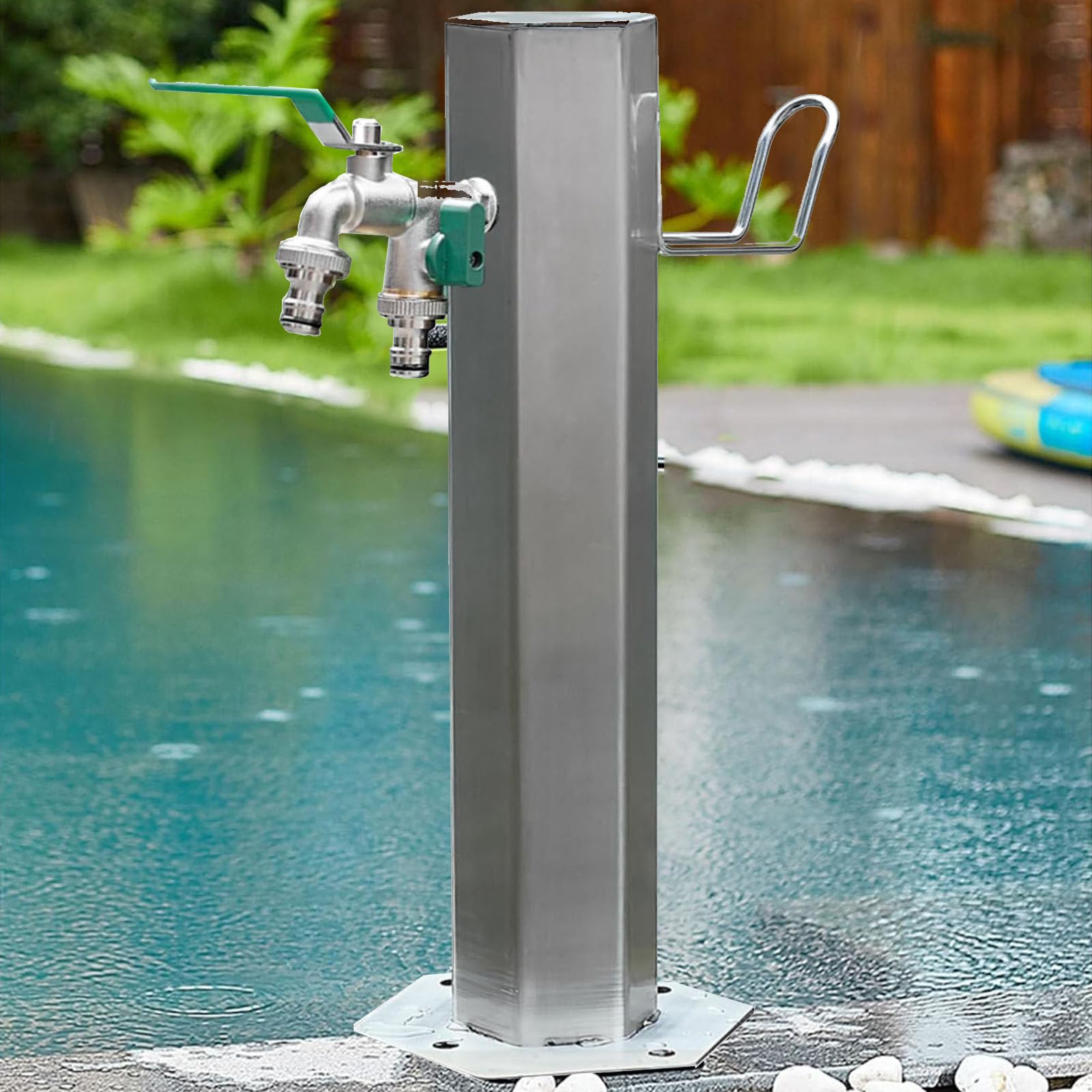 Wasserhahnsäule für den Außenbereich, Edelstahl-Wassersäule für den Garten, eleganter, bodenmontierter Wasserhahn und Brunnen für den Außenbereich mit Schlauchaufhängerständer. Ins
