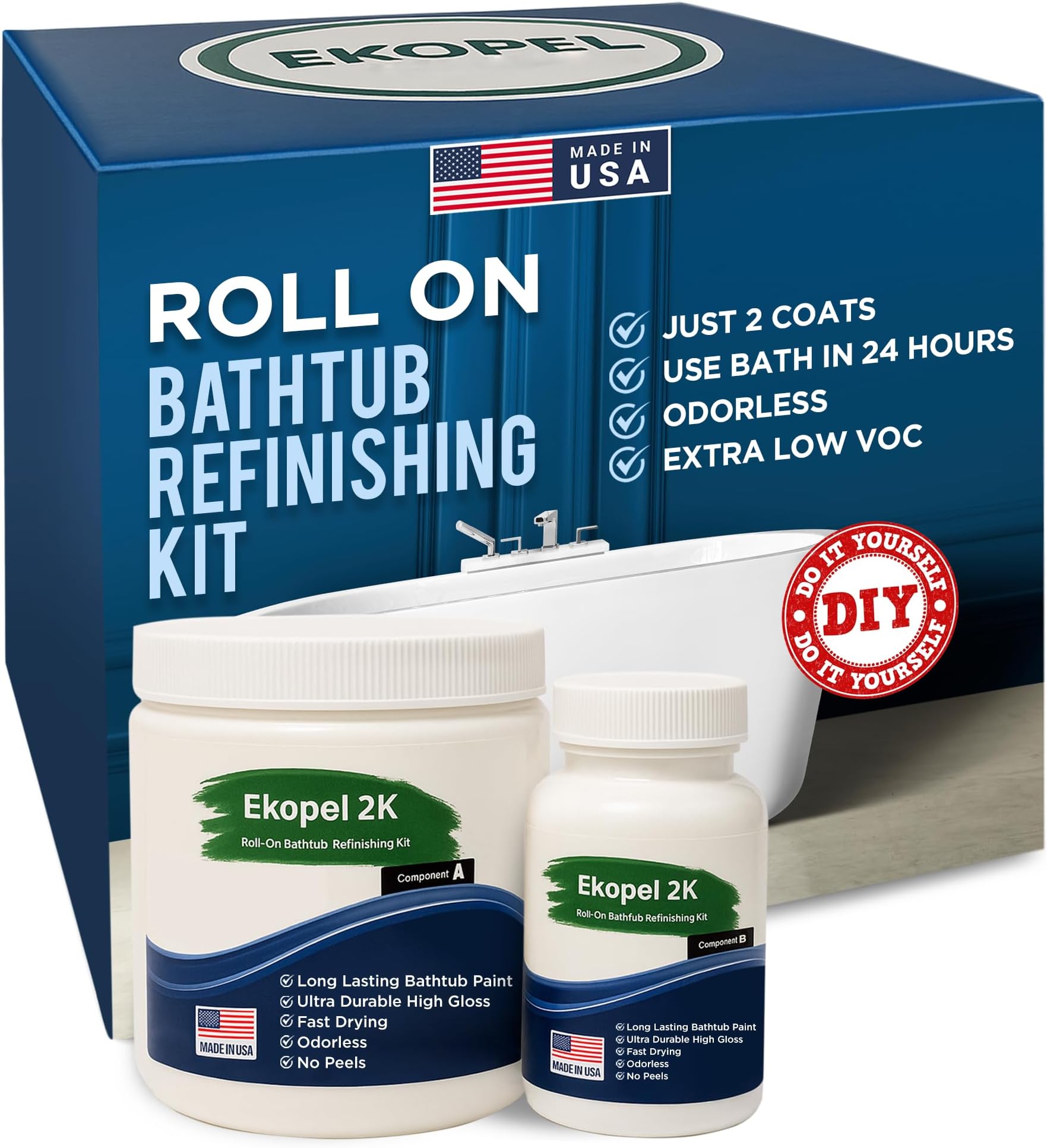 Refinished Bath SolutionsEkopel Bathtub Touch Up Kit - Odorless Ultra Durable Bright White Gloss - Enough For Up To 2 Coats On A Bathtub - Made in The USA - White