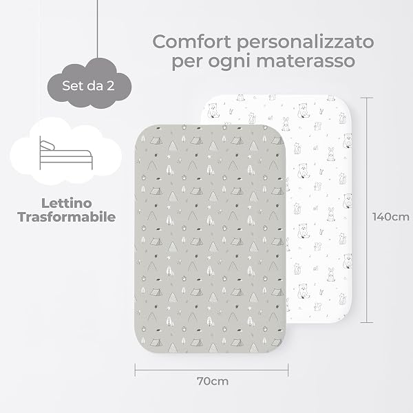 Dreamzie Set 2 Lenzuola Lettino 70x140 Cotone - Lenzuolo Con Angoli, Oeko-Tex Certificato - Per Lettino Con Sbarre E Letto Bambini - Bosco Bianco/Grigio - 2