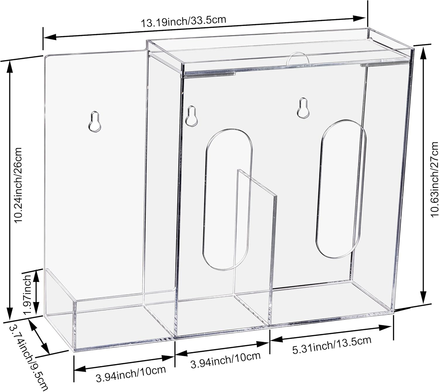 SEANADO Face Mask Dispenser 3 Compartment Acrylic Glove Box Holder Hygiene Station for Disposable Face Masks, Emesis Bag, Shoe Cover and Hairnet, Wall Mount Holes or Tabletop Holder （Clear）
