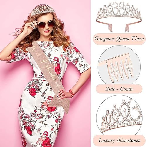 Miniatura 3 de Decoraciones de cumpleaños de 38 años para ella, incluye adorno para pastel de cumpleaños de 38 años, banda de reina de cumpleaños con alfiler de