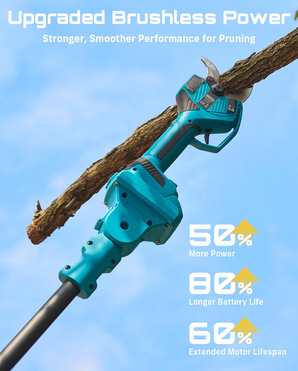 SEESII Forbici Potatura a Batteria 55mm, Asta Telescopica, 2x4.0Ah Batterie | 2 Batterie 4000mAh, Motore Brushless, Lama SK5, Luce LED, Design 2 in 1 per potatura alta e bassa, ideale per alberi e siepi