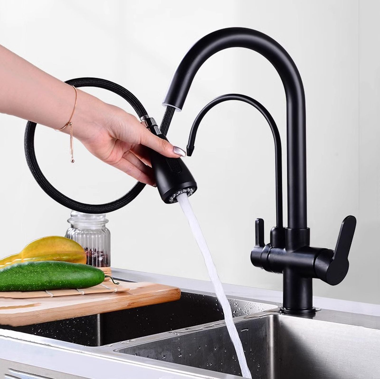 Grifo Fregadero Cocina Osmosis Grifo 3 vias Extraible Grifo Giratorio de 360° Manijas Dobles,Blanco