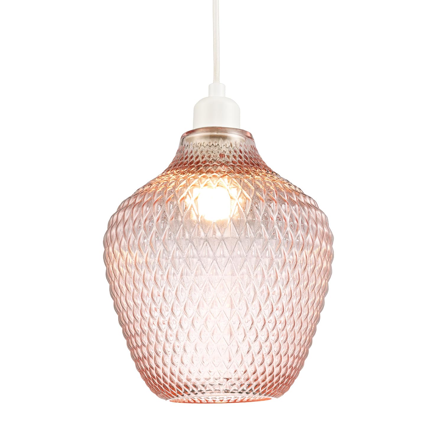 Happy Homewares Pink Contemporary Designer Soft Blush Curvy Diamond Etched Glass Pendant Lamp Shade | 40W Maximum | 25Cm X 21Cm | For Living Room Bedroom Dining Room Etc By