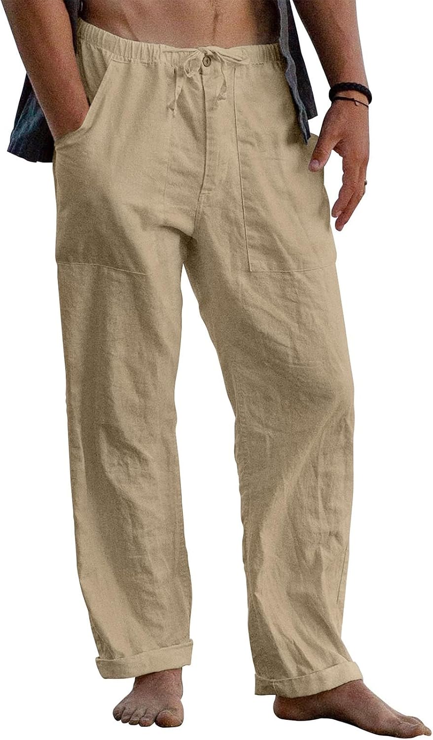 ZARLAN Men's Cotton Linen Pants Breathable Casual Relaxed Fit Summer Beach Lightweight Elastic Waist Trousers