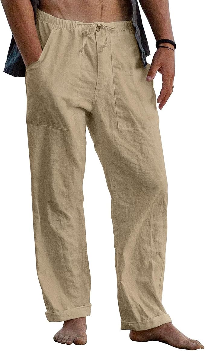 Puimentiua Pantalones de lino para hombre, largos y ligeros, pantalones de…
