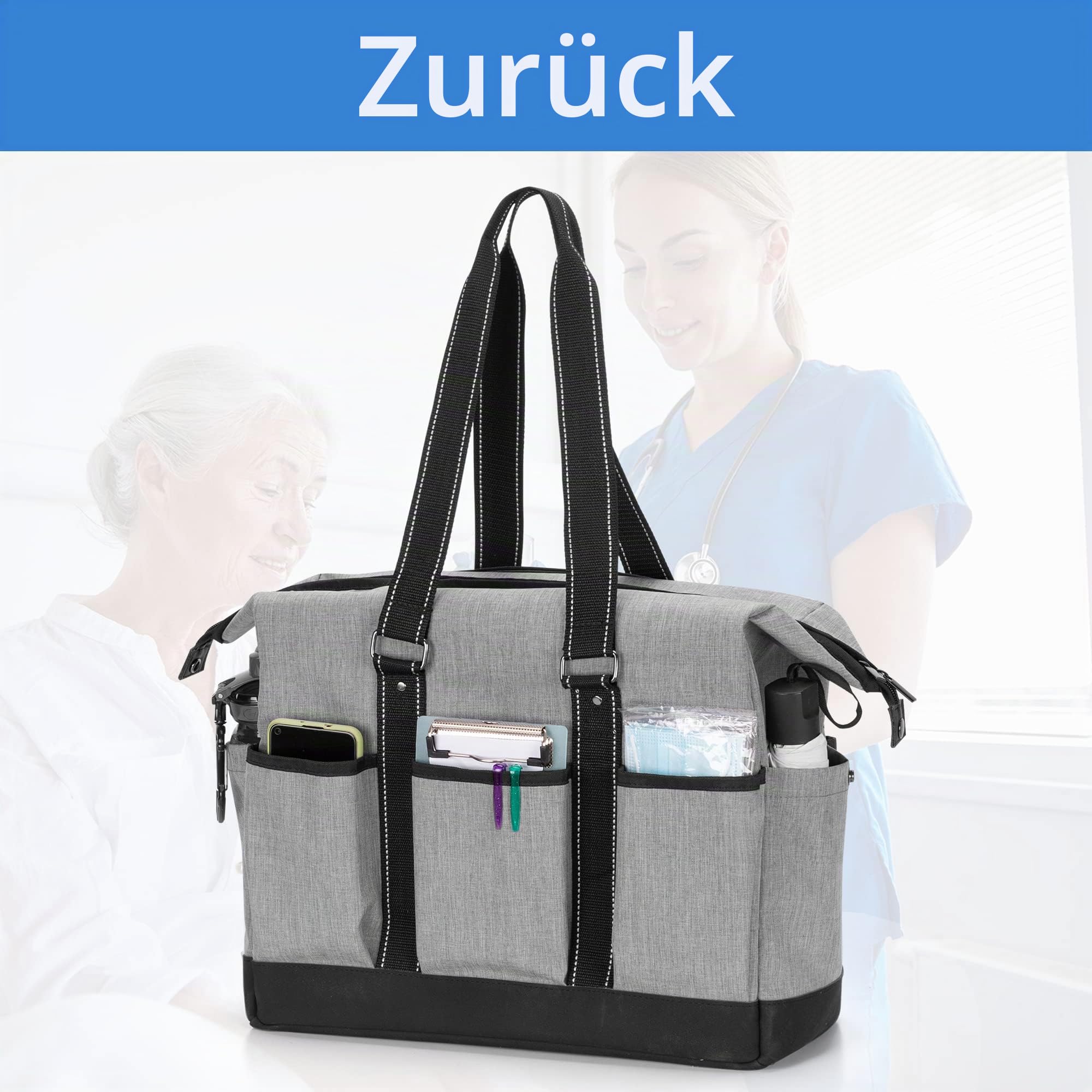Damero Tragetasche für Krankenschwestern mit Mehreren Taschen, Grau | Pflegetasche mit Gepolstertem Laptopfach für die Arbeit, die Häusliche Krankenpflege (Nur Tasche)