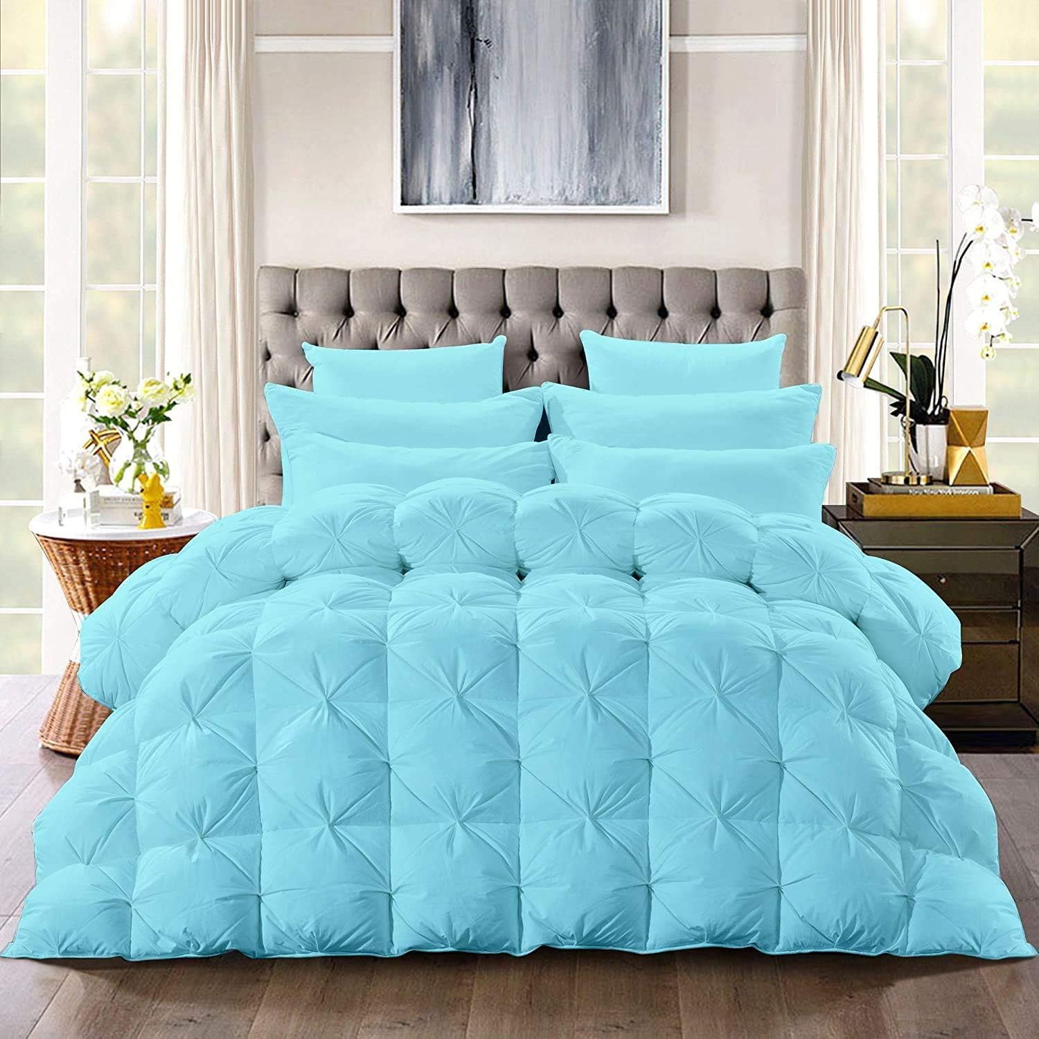 Aqua Blue All-Season Luxury 800 GSM Pintuck Style Cotton 3 Piece Grand King Size (106" x 106") Pinch Pleat Comforter with 4 Corner Tabs