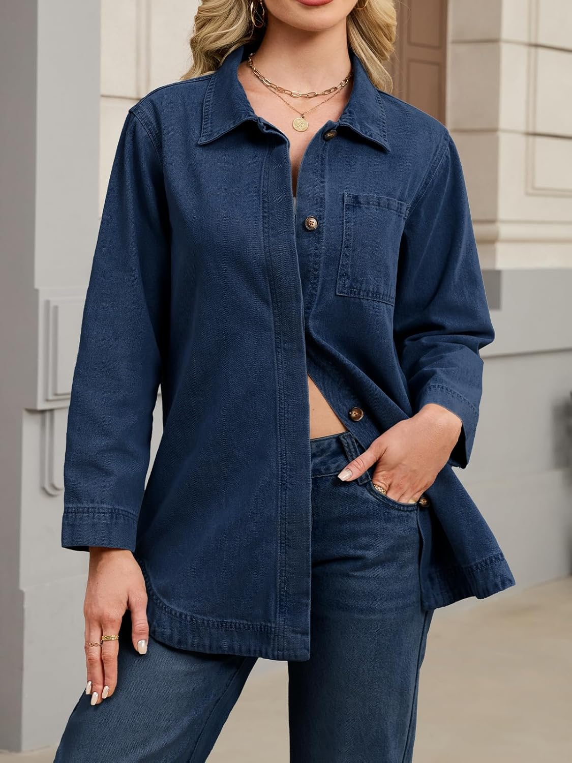 Denim Jacket for Women 2026 Long Sleeve Button Down Jean Shirt Casual Spring Denim Shacket with Tie - Image 3