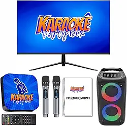 Karaoke Party Box Azul Profissional Completo +Monitor +Caixa De Som +2 Microfones Sem Fio +Catálogo De Músicas Impresso