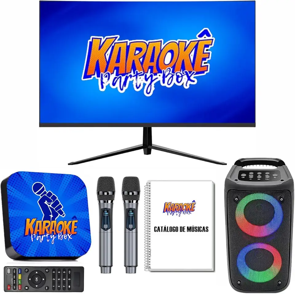 Karaoke Party Box Azul Profissional Completo +Monitor +Caixa De Som +2 Microfones Sem Fio +Catálogo De Músicas Impresso