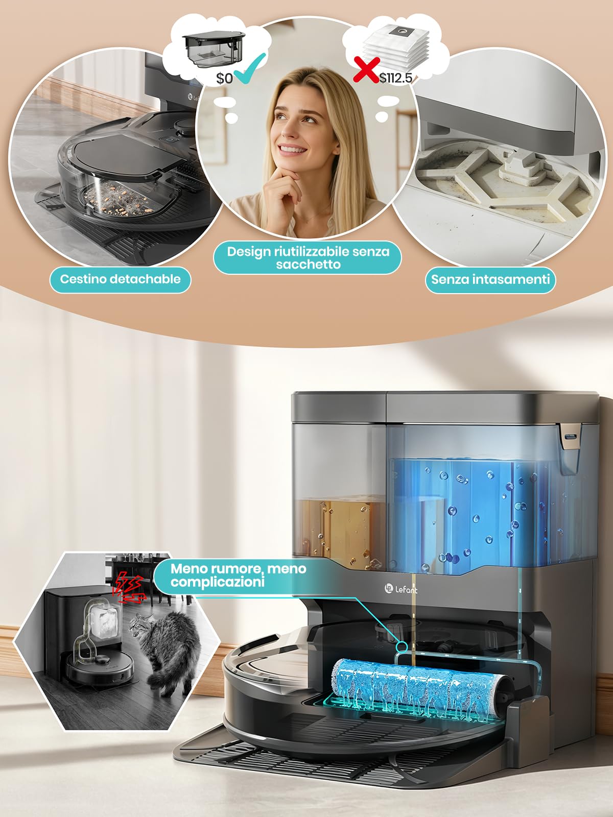 Lefant M210 PRO OMNI Robot Aspirapolvere Lavapavimenti con Mappatura, Rullo Autopulente, 20000Pa, Laser dToF, Ostacoli PSD 2.0, Anti-Groviglio, Lavaggio con Acqua Pulita, WiFi 2.4G/5G, Alexa/App