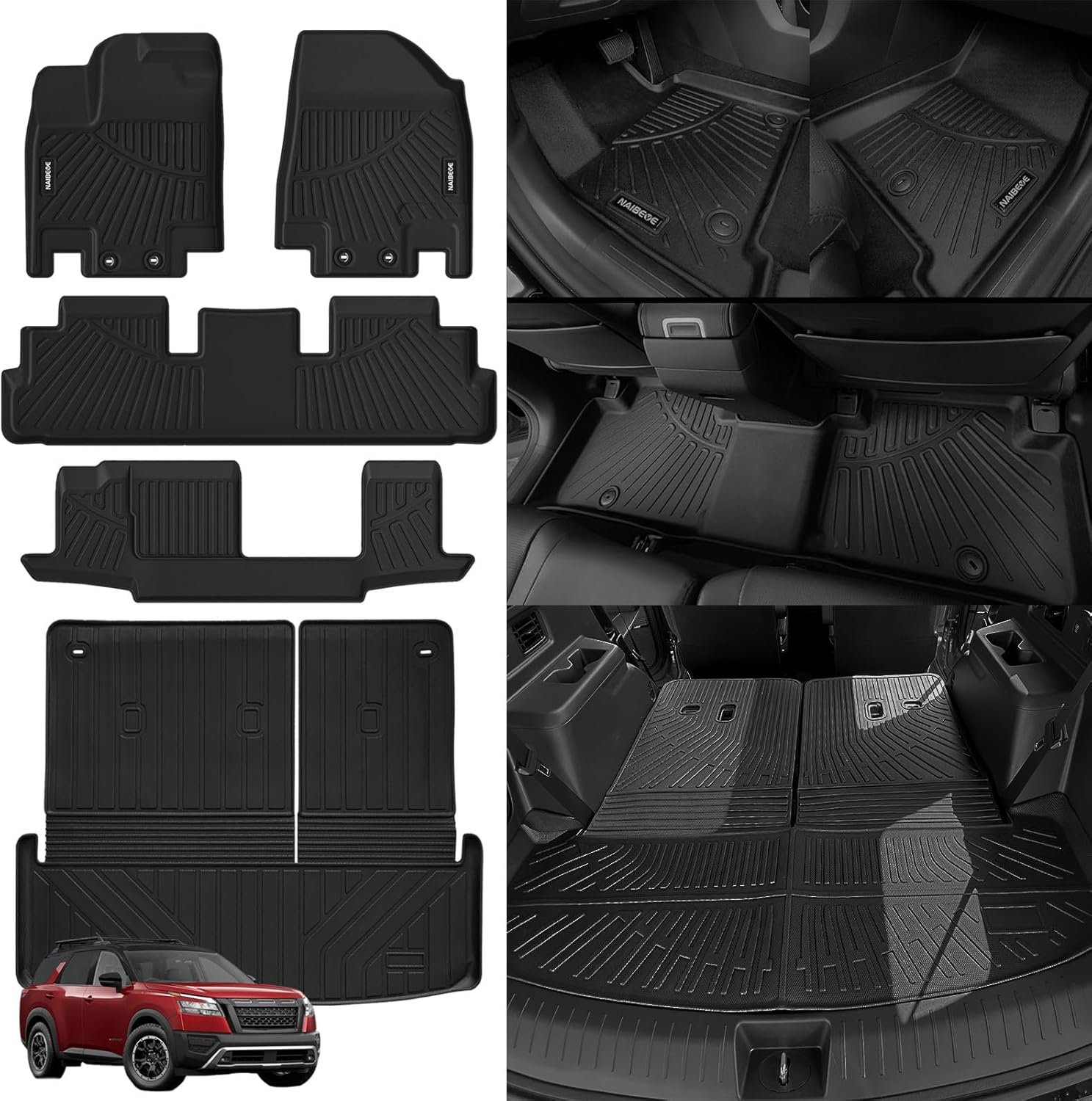 Naibeve Floor Mats for 2022-2025 Nissan Pathfinder (8 Seat)/Infiniti QX60 (7 Seat)for Nissan Pathfinder Trunk Mat Cargo Mat Back Seat Cover Protector Accessories (Floor Liner+Trunk Mat+Backrest Mats) Pathfinder 8 Seats 2022-2025