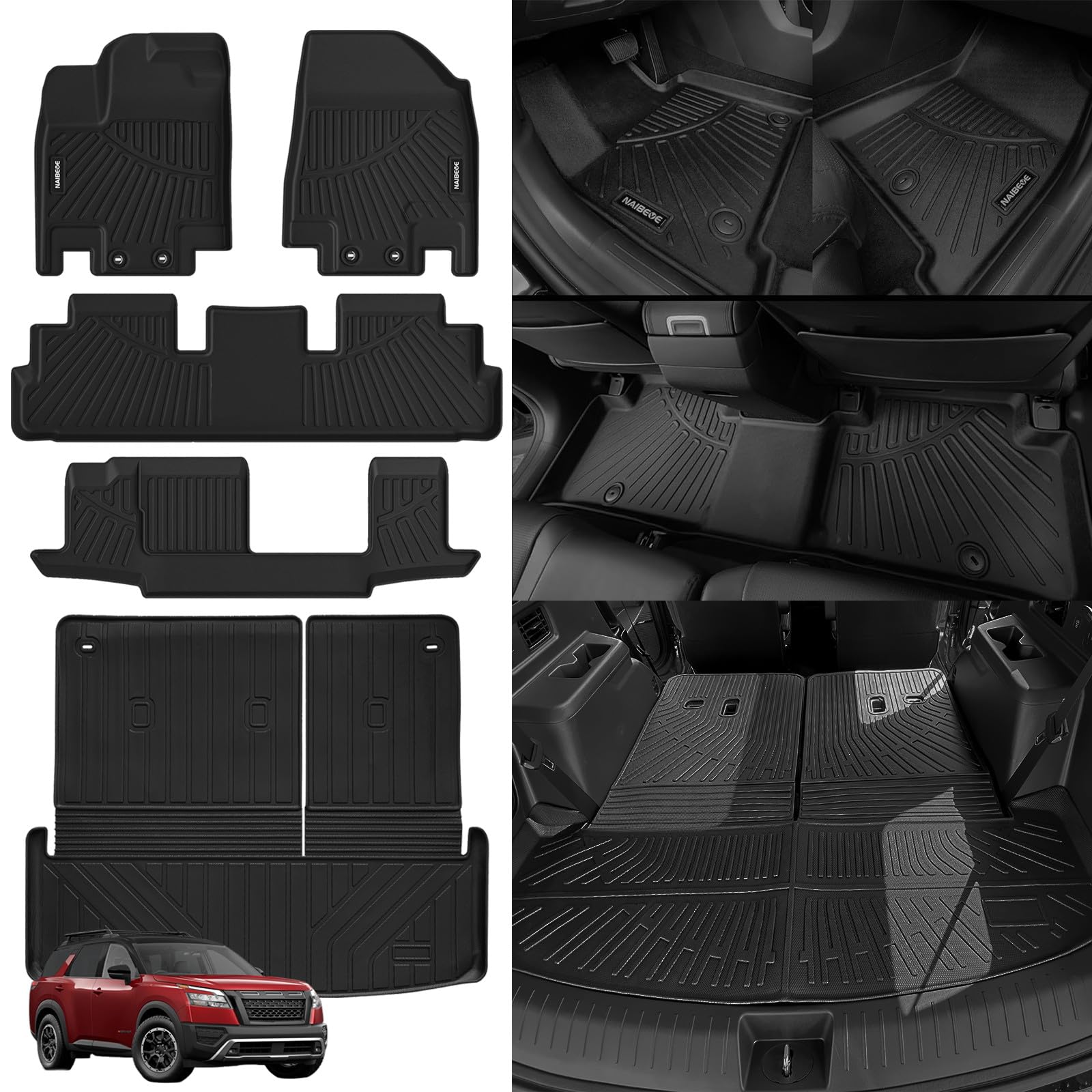 Naibeve Floor Mats for 2022-2025 Nissan Pathfinder (8 Seat)/Infiniti QX60 (7 Seat)for Nissan Pathfinder Trunk Mat Cargo Mat Back Seat Cover Protector Accessories (Floor Liner+Trunk Mat+Backrest Mats)