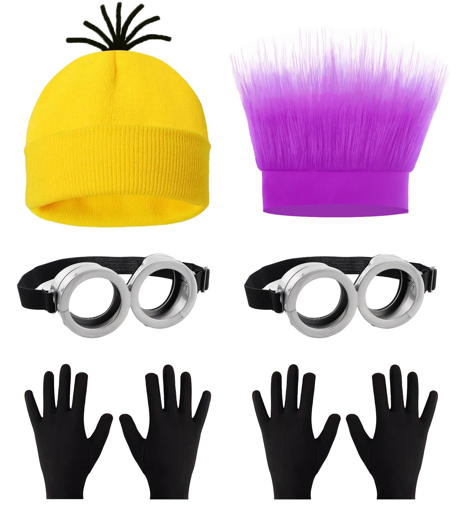 Double Suit Yellow and Purple Costume Accessories Set – Yellow Beanie, Purple Hairband, Goggles & Black Gloves – Perfect for Halloween, Parties, Fancy Dress, Cosplay, and Movie Themed Events