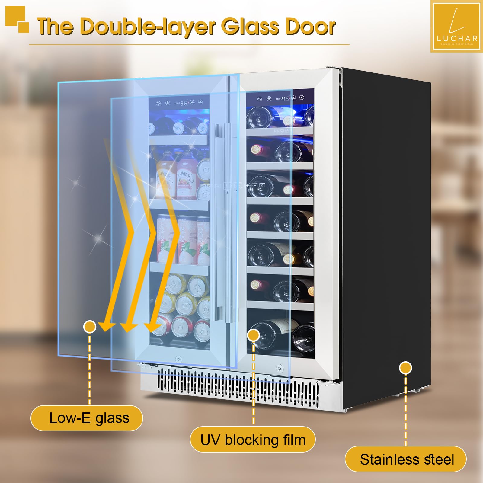24 Inch Wine And Beverage Refrigerator, Dual Zone Wine And Drink Fridge With Glass Door&Lock For 20 Bottles And 60 Cans, Under Counter Wine Cooler Refrigerator Built-In Counter Or Freestanding on Fridge.com - View 3