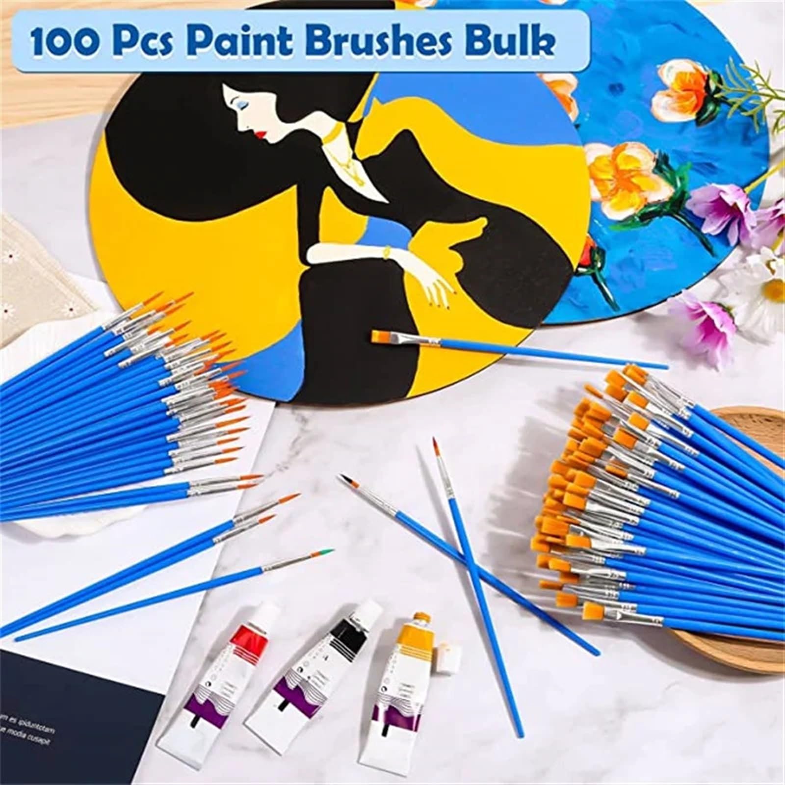 Pinceles para Pintura Juego de 100 Pinceles for Pintar acrílicos con Planos y Puntiagudos for Manualidades, Acuarelas óleos(Flat 100pcs)