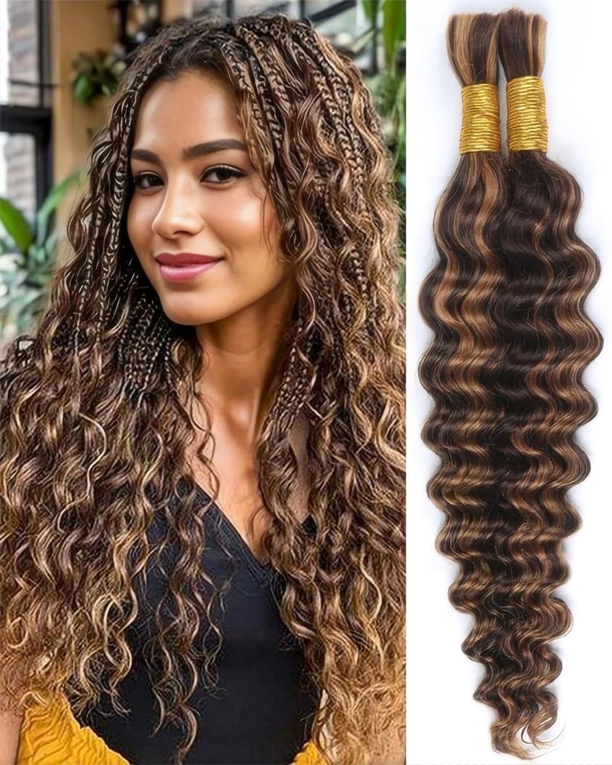 Sexycat Deep Curly Human Braiding Hair for Boho Braids 2 Bundles 22 Inch 100g,#4/30 Ombre Brown Water Wave Bulk Human Hair for Micro Braiding Wet and Wavy Human Hair Extensions