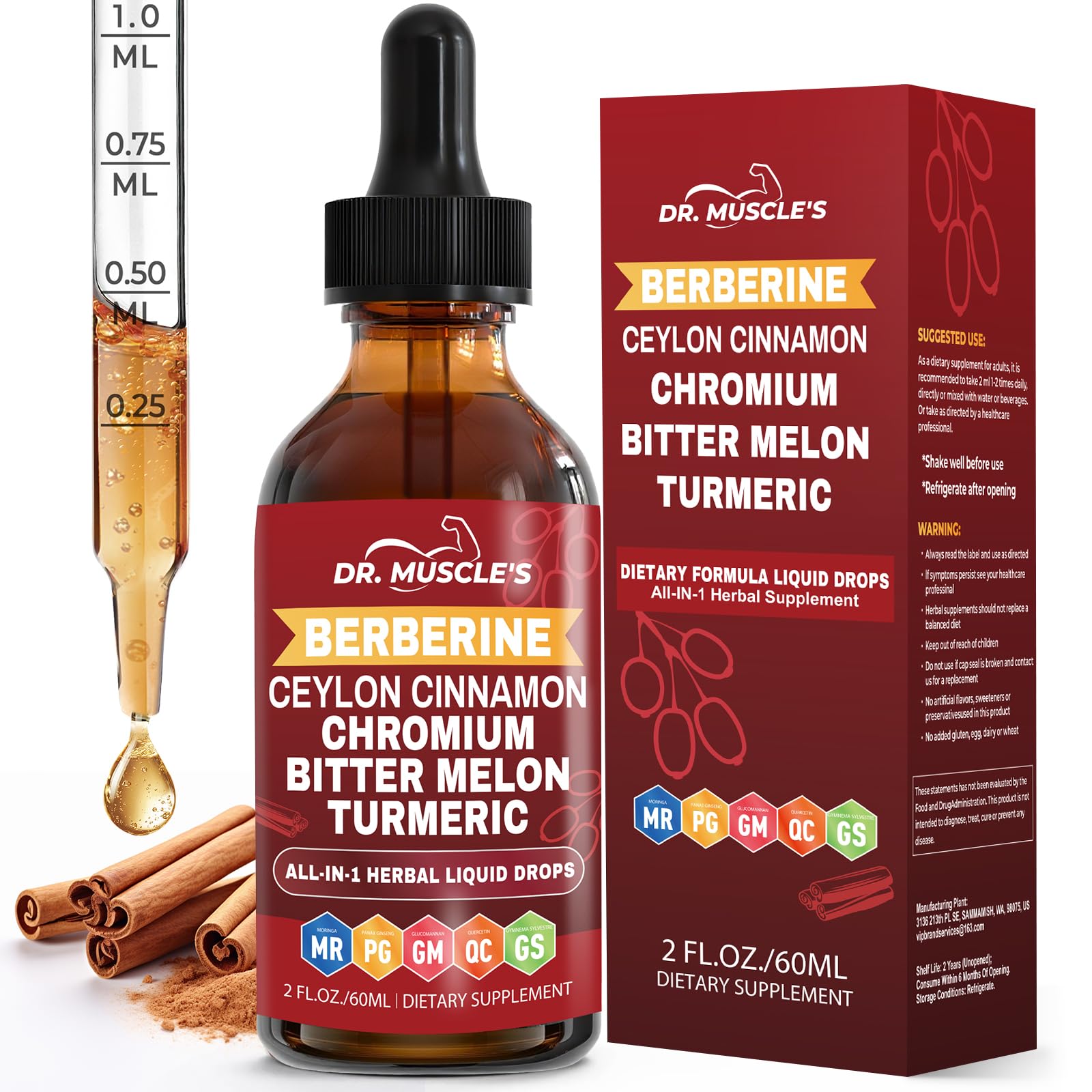 DR. MUSCLE'S Suplemento Fitoterápico Líquido de Berberina com Canela do Ceilão, Cúrcuma, Moringa, Melão-amargo, Cromo e Gymnema, 60 mL